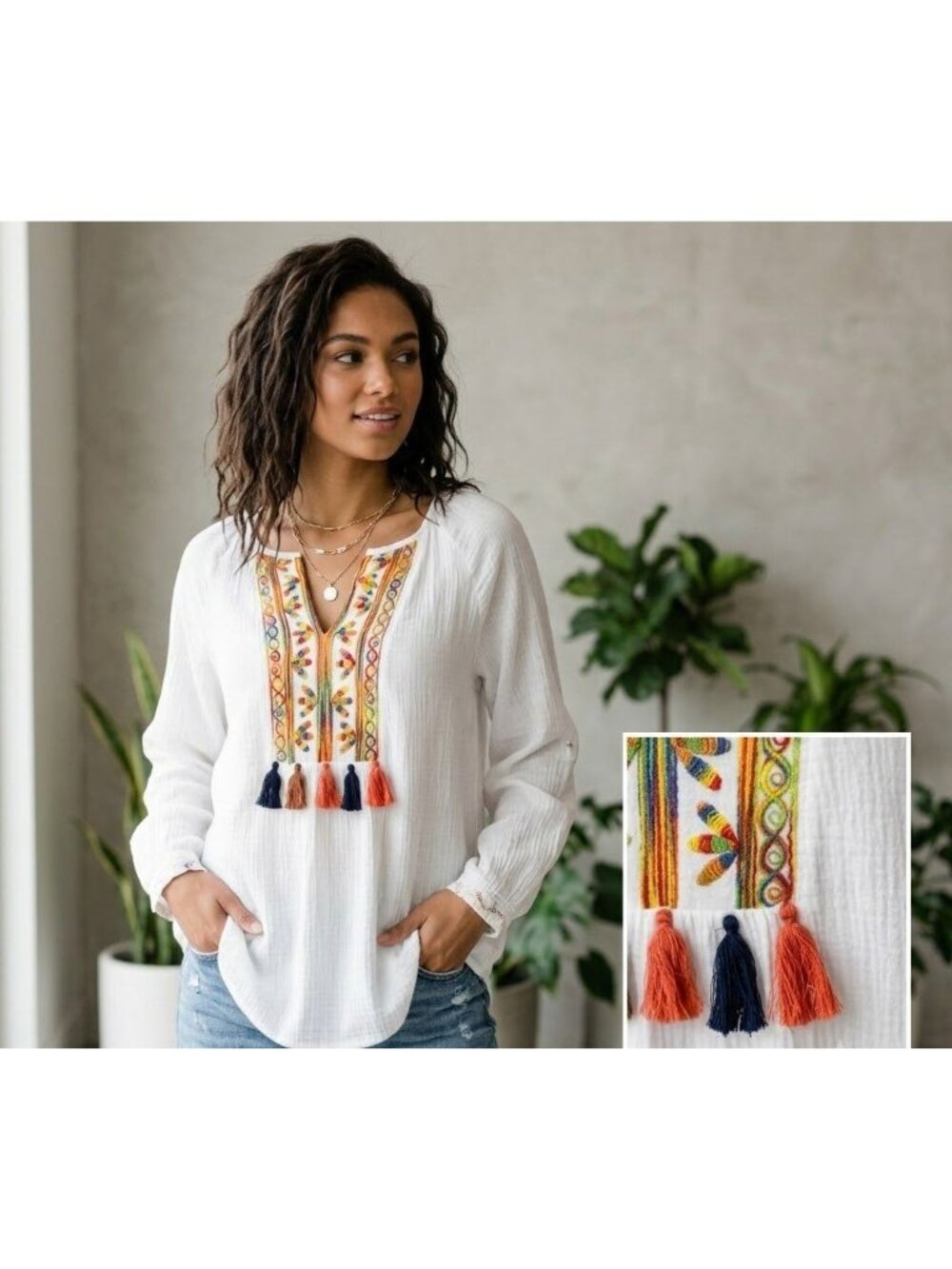 Umgee Medium White Multicolor Popover Colorful Boho Lightweight